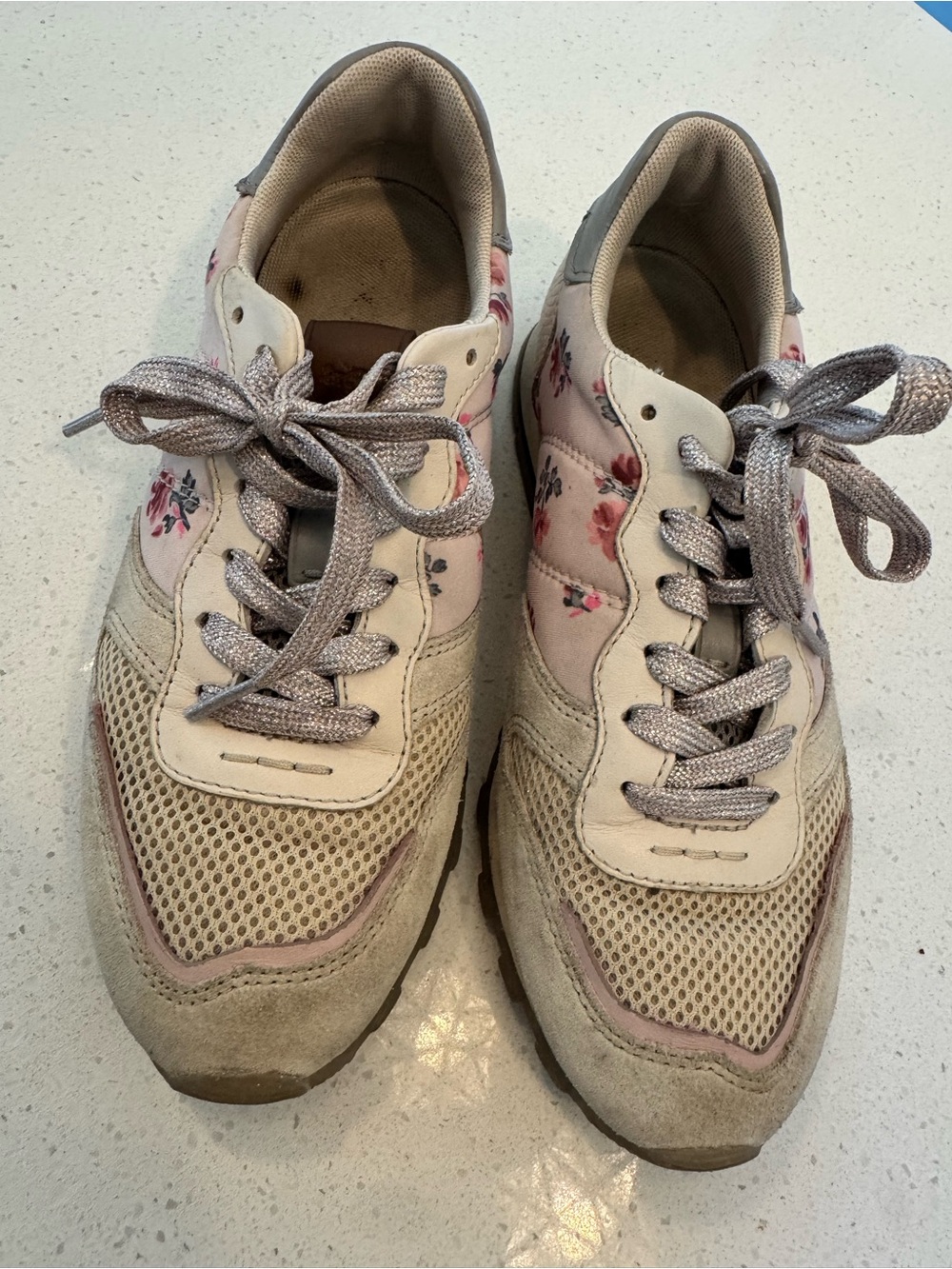 Coach Beige and Pink Floral Lace-Up Sneakers